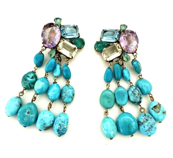 Iradj Moini Turquoise, Amethyst, Crystal & Aquamarine Clip On Earrings