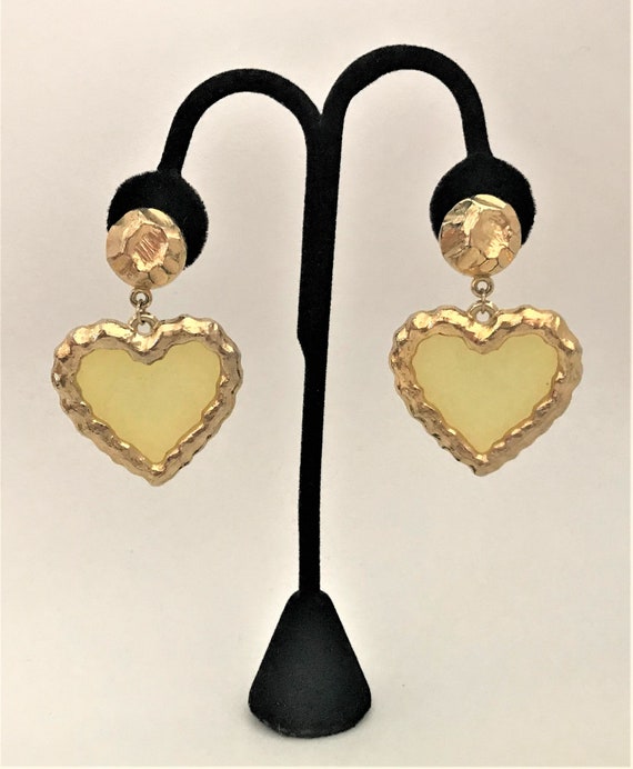 Vintage Yellow Clear Acrylic & Gold Plated Heart Dangling Clip On Earrings