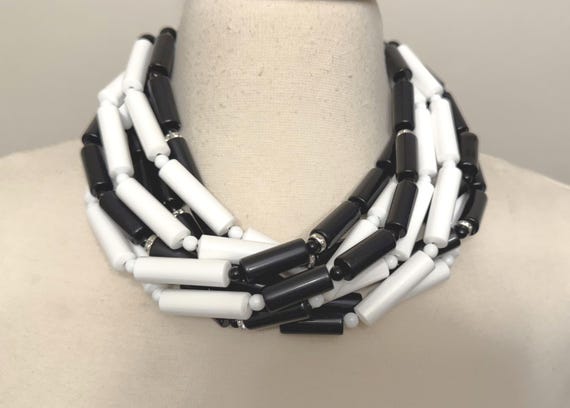Gorgeous Black & White Tubular Acrylic Beads, Rhinestones Multi Strand Necklace