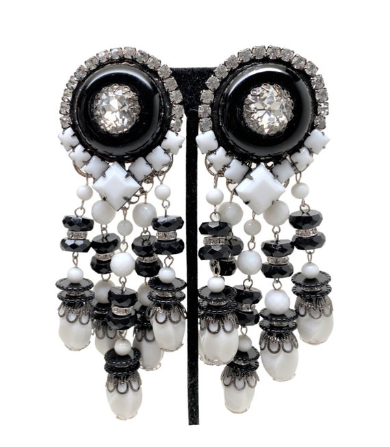 Lawrence Vrba Black & White with Rhinestone Large Statement Clip on Earrings