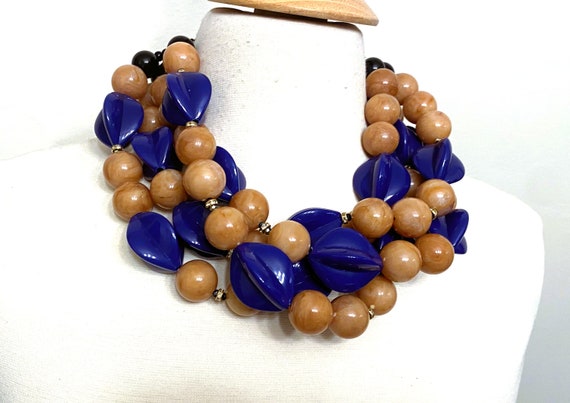 Gorgeous Modernistic Multi Strand Royal Blue & Light Brown Resin Necklace