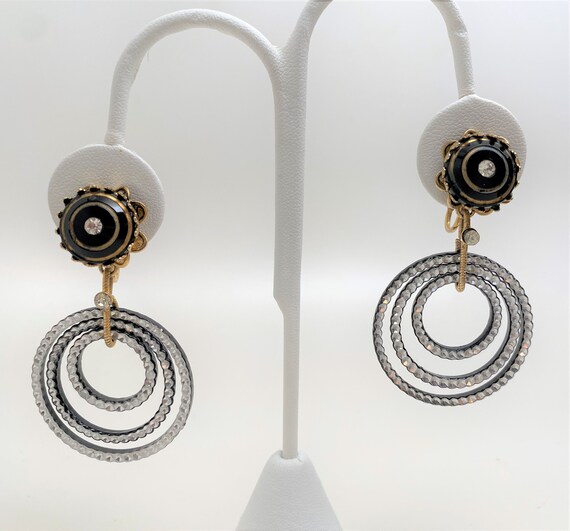 Vintage Hattie Carnegie Silver & Gold Tone Long Dangle Clip Earrings