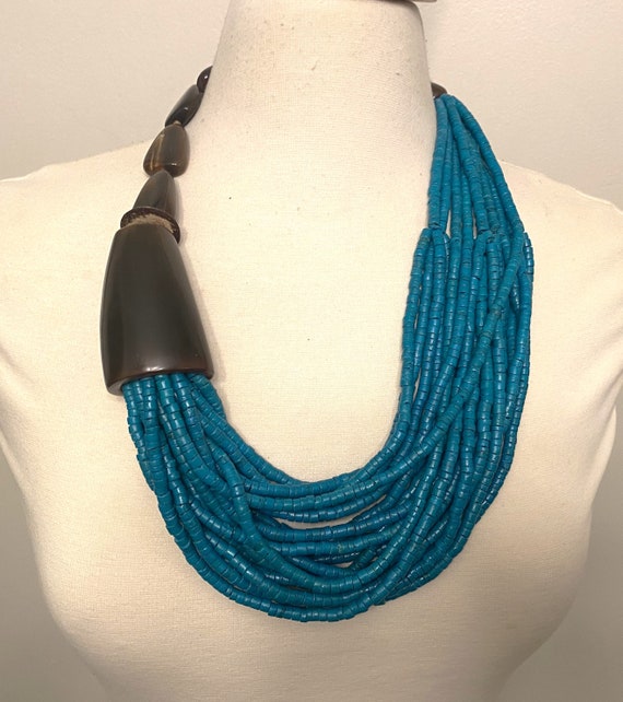 Monies Style Dramatic Coconut Blue Beads & Horn Multi Strand Necklace