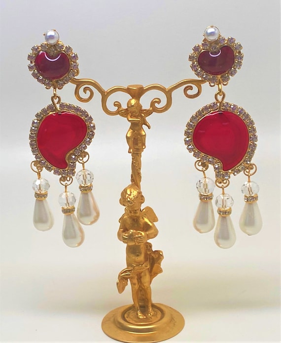Stunning Chris Crouch's Moans Couture Faux Pearl, Ruby Red Poured Glass Earrings