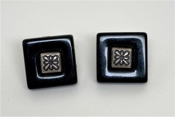 Vintage Black Resin & Silver Tone Pierced Square Earrings
