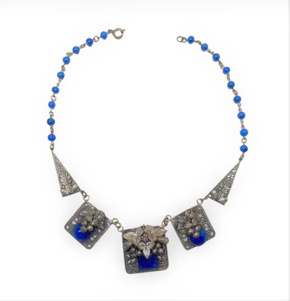 Vintage French Silver Tone Filigree Grapes & Vines, Lapis Necklace