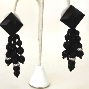 Vintage Faceted Black Beads & Rhinestone Rondelles Clip on Earrings