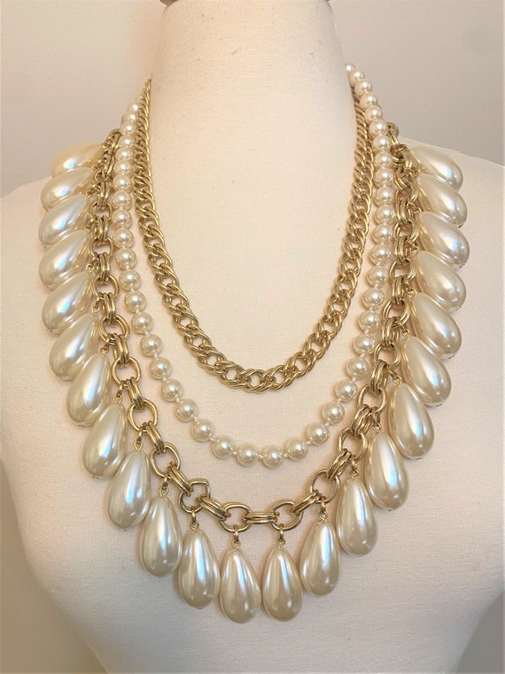 Vintage 3 Strands Gold Tone Chains, Faux Glass White Pearl Necklace