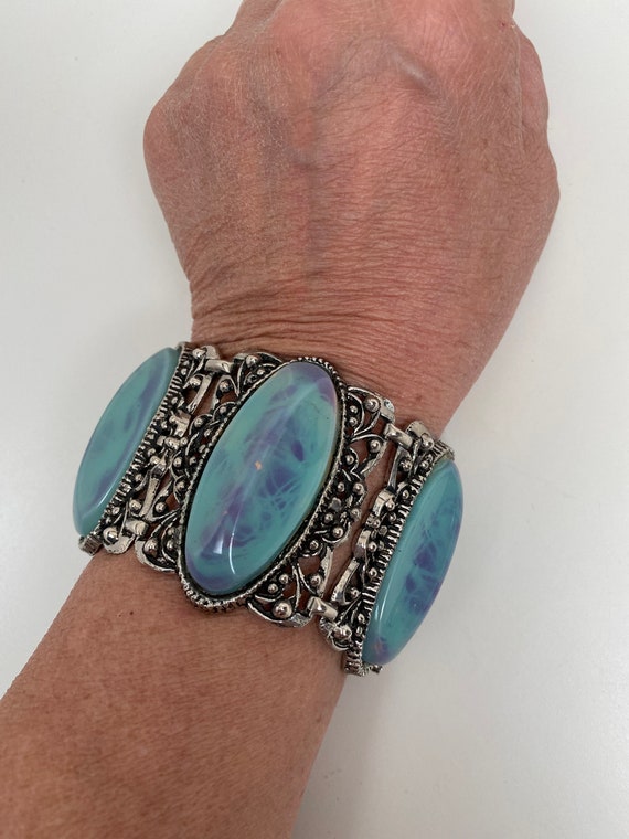 Vintage SELRO Wide Bracelet 1950s Victorian Style Acrylic Teal Blue
