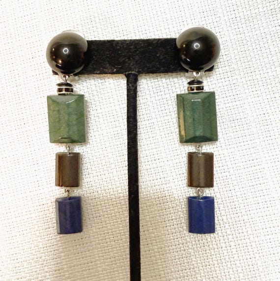 Angela Caputti Green, Blue & Burgundy Dangle Clip on Earrings