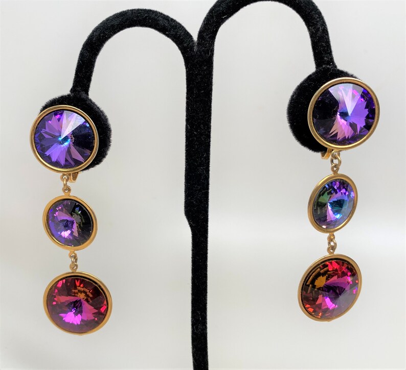 Vintage 80s Wendy Gell Purple /& Fuchsia Cut Crystal Clip On Earrings