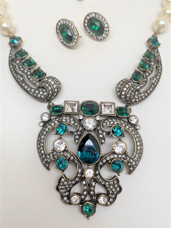 Heidi Daus Art Deco Faux Pearl, Emerald & Crystal Necklace Earrings Set