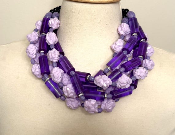 Gorgeous Violet Color Resin & Purple Lucite Tube Beads Multi Strand Necklace