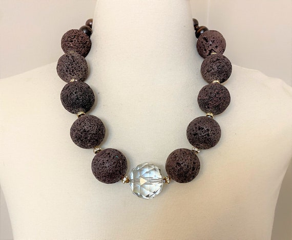 Beautiful Vintage Large Volcanic Lava Coral Beads & Crystal Choker Necklace