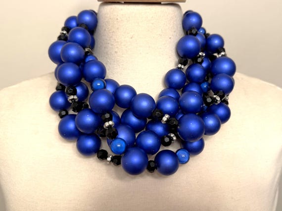Gorgeous Dark Satin Blue & Black Beads With Rhinestones Multi Strand Necklace