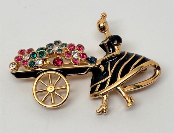 Vintage Nina Ricci Enamel & Rhinestone Flower Girl Pin Brooch