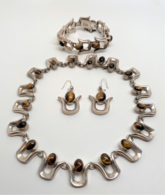 Fidencio Serrano Mexican sterling silver Tigers Eye Squash blossom necklace bracelet earrings set