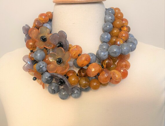 Fabulous Multi Strands Lucite Flowers, Gray & Brown Acrylic Beads Necklace