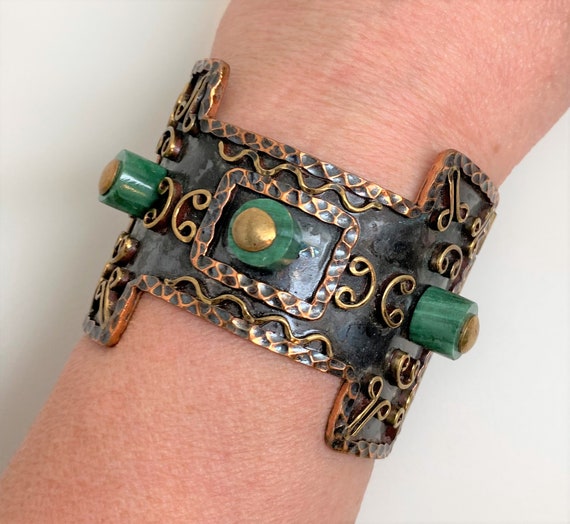 Vintage Casa Maya Hammered Copper & Malachite Cuff Bracelet Book Piece