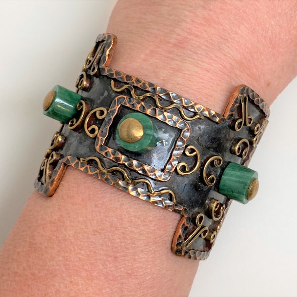 Vintage Casa Maya Hammered Copper & Malachite Cuff Bracelet Book Piece