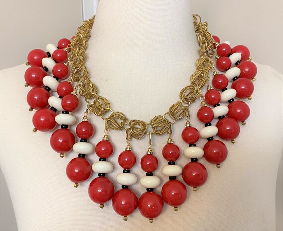 Vintage Gold Tone Chain, Red & Off White Resin Egyptian Revival Necklace