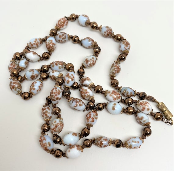 Beautiful Antique White Glass Beads With Gold Dust Necklace
