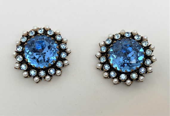 Vintage Large Blue Faceted Rhinestone & Faux Pearl Clip On Earrings