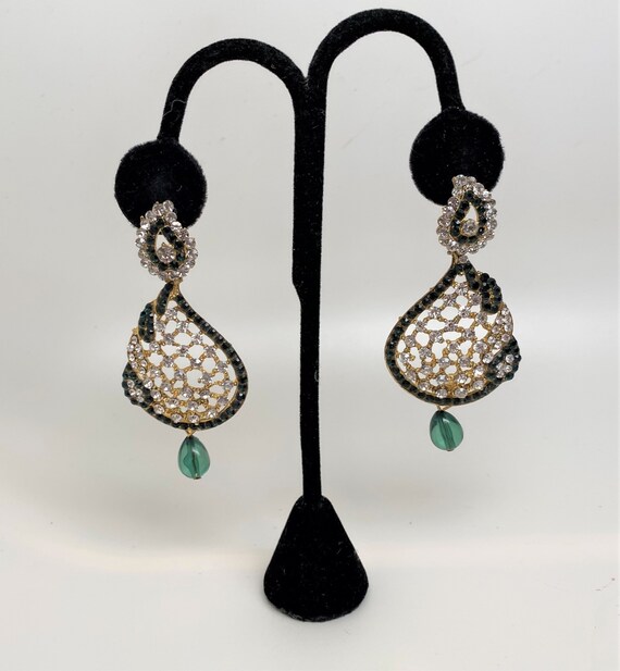 Stunning Crystal & Emerald Rhinestones Pierced Earrings