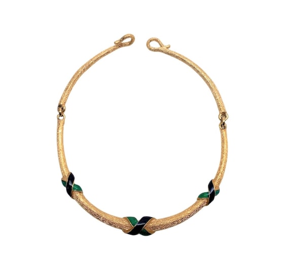 Vintage David Hill Blue & Green Enamel Gold Tone Collar Necklace