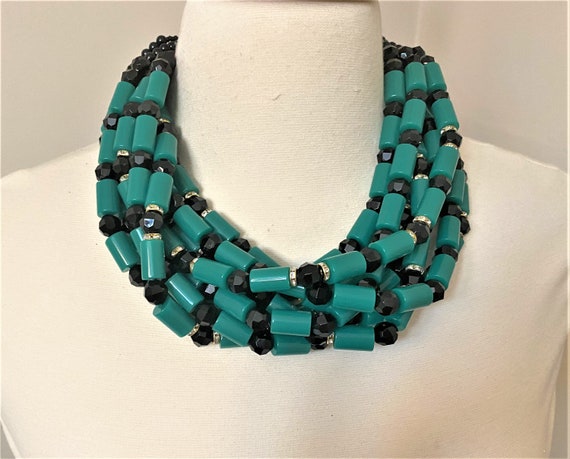 Multi Strand Tubular Green & Black Acrylic Beads Necklace Angela Caputi Style