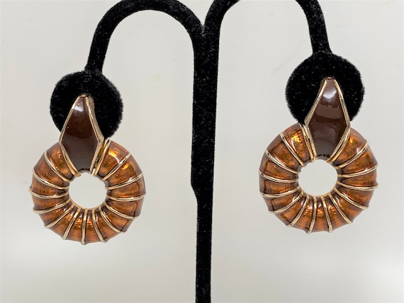 Vintage Signed MARESCO Gold Tone & Brown Enamel Clip on Dangle Earrings