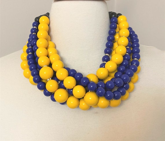 Multi Strand Yellow & Blue Acrylic Bead, Rhinestone Necklace Angela Caputi Style
