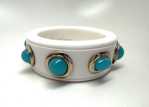 Vintage Angelique de Paris White & Turquoise Cabochons Bangle Bracelet