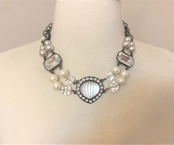 Yves Saint T Laurent YSL Faux Pearl, Crystal & Glass Cabochon Collar Necklace