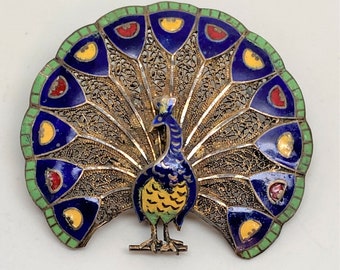 Broche Ancienne Vermeil Argent Massif Filigrane Oiseau - Vintage Silver Brooch - Occasion