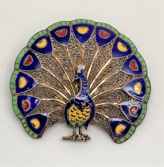 Vintage Filigree Sterling Silver Vermeil Enamel Peacock Pin Brooch