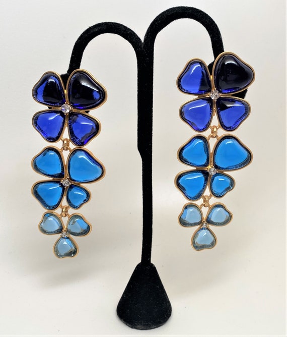 Vibrant Blue Glass Cabochon Gold Plated Clip on Long Earrings