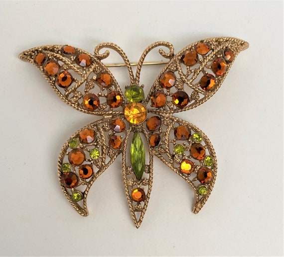 Vintage Gold Tone Brown & Green Rhinestones Butterfly Pin Brooch