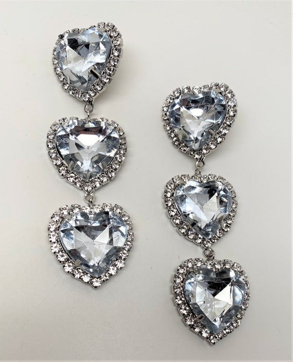 Gorgeous Silver Tone Rhinestones Hearts Clip on Earrings 4.25"' Long