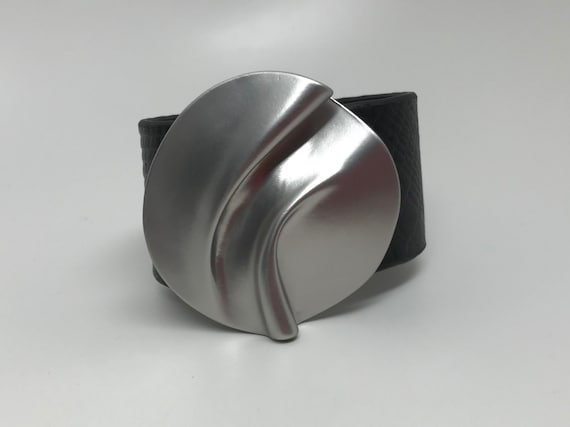 Stunning Large Black Faux Leather & Satin Silver Tone Bracelet