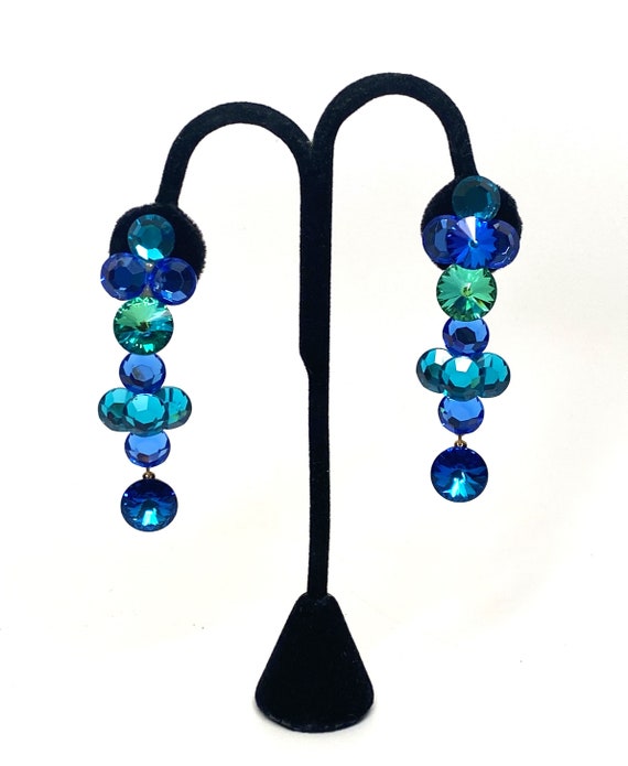 Gorgeous Vintage Blue & Green Large Rhinestones Dangle Clip On Earrings