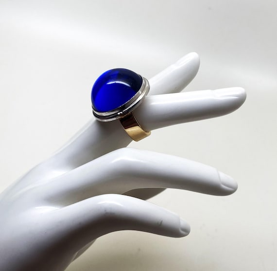 LALIQUE 1970 Sterling Silver, & 14K Gold Cobalt Blue Stone Ring Size 7.5