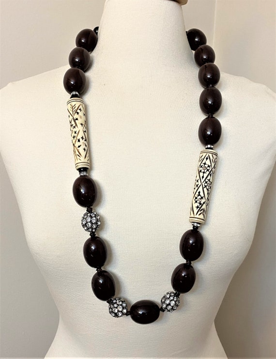 Stunning Brown Large Acrylic, Rhinestone & Carved Buffalo Horn Long Necklace