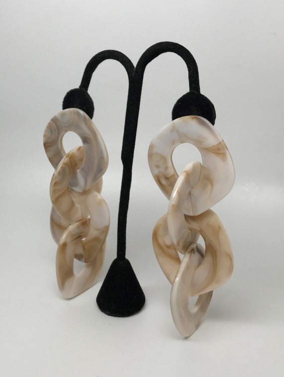 Stylish Beige Marbleize Acrylic Large Pierced Earrings 4.75” long