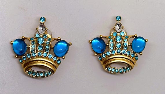 Gold Tone & Light Blue Rhinestone Cabochon Crown Clip on Earrings