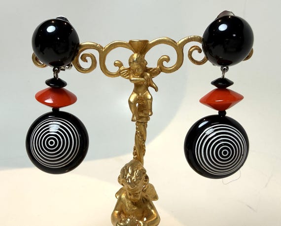 Angela Caputti Black & Red Dangle Clip on Earrings
