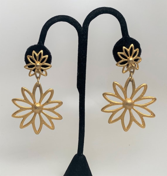 Vintage Satin Gold Tone Flower Drop Clip On Earrings