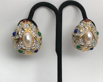 Gorgeous Vintage Faux Pearl & Multi Color Cabochon Rhinestone Clip On Earrings