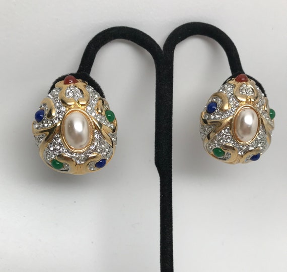 Gorgeous Vintage Faux Pearl & Multi Color Cabochon Rhinestone Clip On Earrings