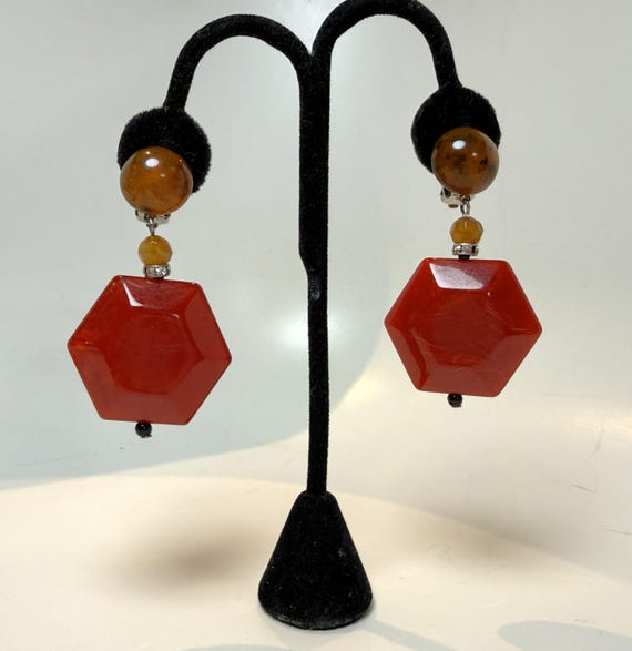 Angela Caputti Brown & Red Dangle Clip on Earrings